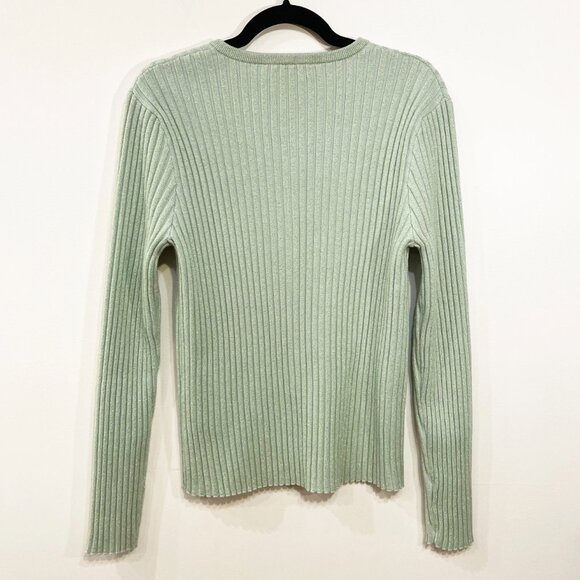 New Tory Burch Metallic Stripe Merino Wool Ribbed Cardigan Mint Green Large $448 - Picture 5 of 9